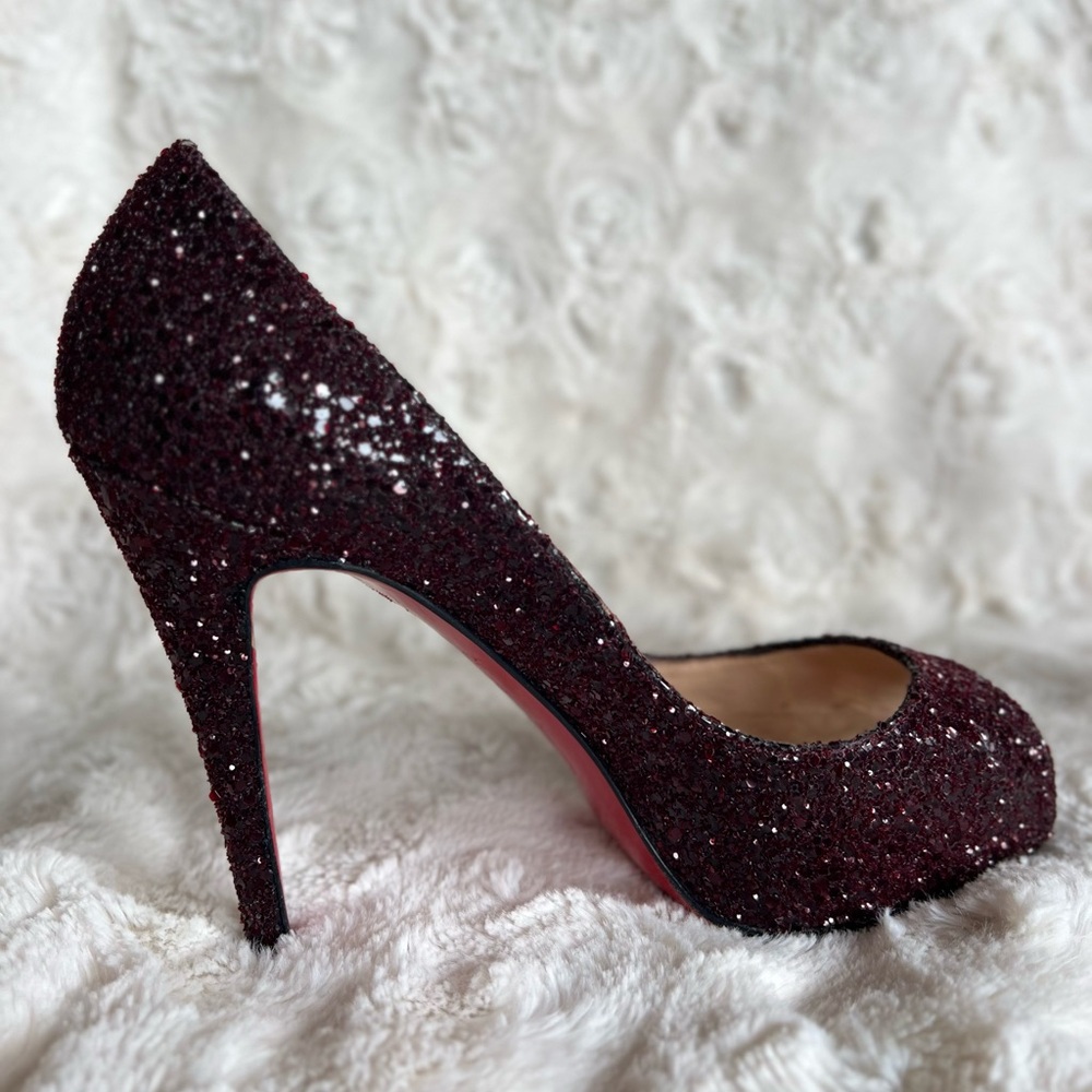 Christian Louboutin Very Prive 120 Burgundy Glitter Peep Toe Heels Size 38 US 8 - Picture 6 of 17